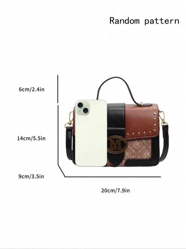 Elegant Studded Decor Crossbody Bag, Fashionable Colorblock PU Leather Shoulder Bag with Adjustable Strap, New Fashion Handbag for Women