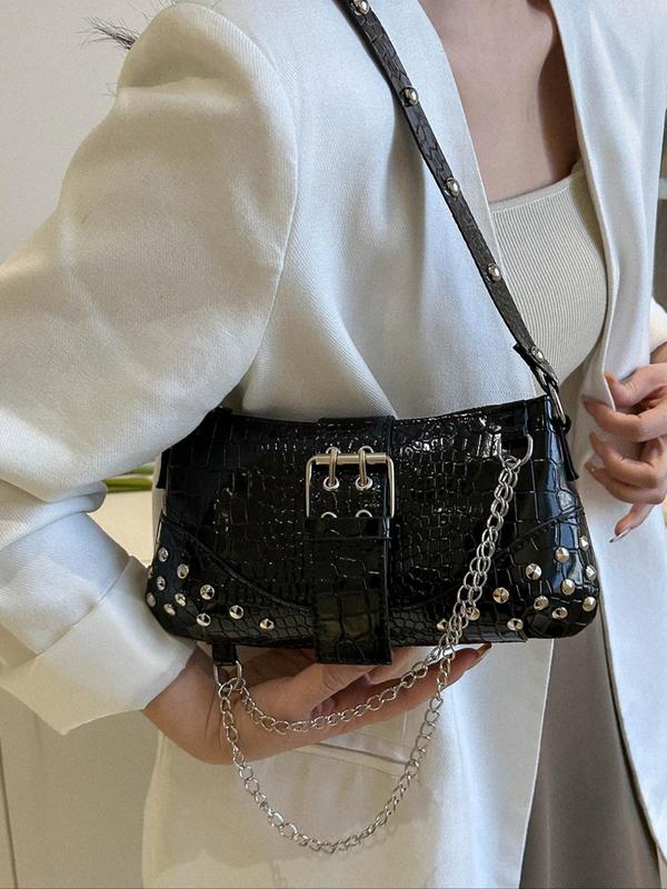 Fashion Crocodile Pattern Pu Shoulder Bag, Solid Color Chain Decorated Shoulder Bag, Women's Studded Decor Crossbody Bag, High-quality Daily Commuting Bag