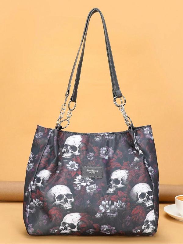 Fashion Skull & Flower Pattern Zipper Shoulder Bag, Casual Large Capacity Tote Bag for Women, Trendy All-match Bag for Daily Use,  Work Bags