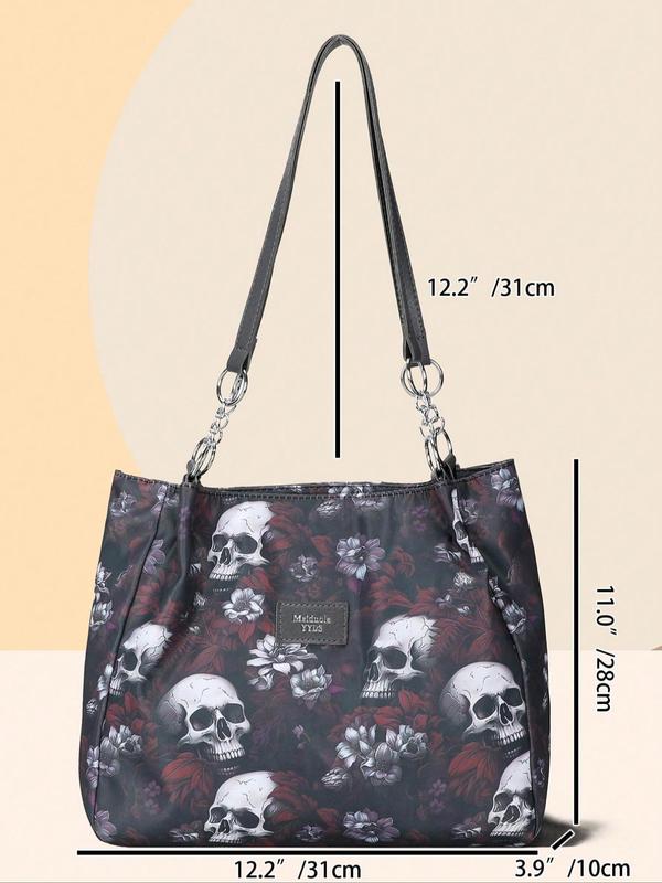 Fashion Skull & Flower Pattern Zipper Shoulder Bag, Casual Large Capacity Tote Bag for Women, Trendy All-match Bag for Daily Use,  Work Bags