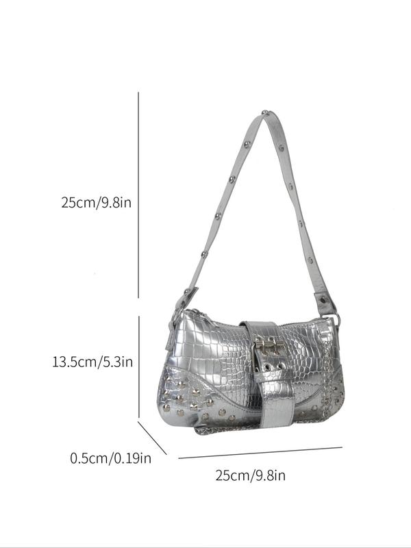 Fashion Crocodile Pattern Pu Shoulder Bag, Solid Color Chain Decorated Shoulder Bag, Women's Studded Decor Crossbody Bag, High-quality Daily Commuting Bag