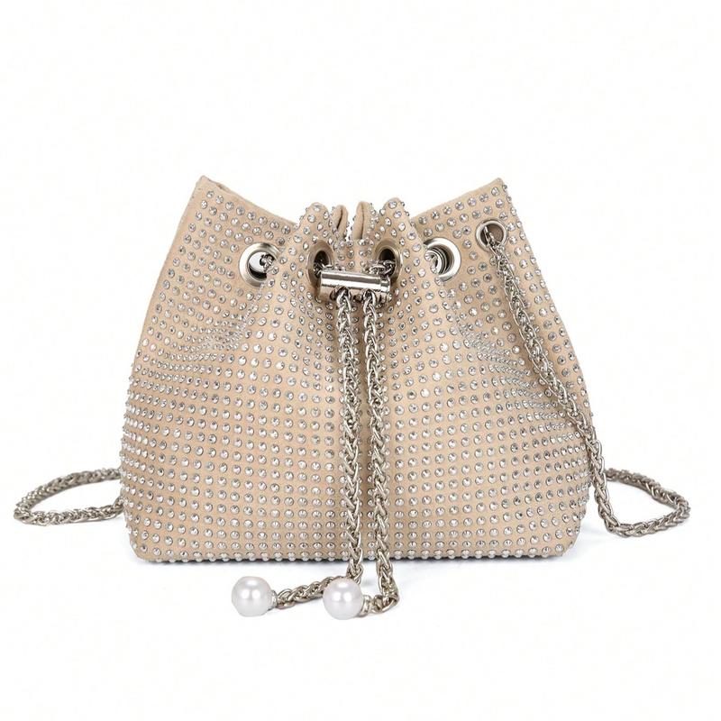 Lightweight,Business Casual Rhinestone Decor Bucket Bag Mini Drawstring Design, Clear Bag Trendy Pearl Bag Evening Bag,Dinner Bag Glamorous,Elegant,Exquisite,Quiet Luxury Rhinestone For Party Girl,Woman,Bride Perfect For Party,Dinner Banquet