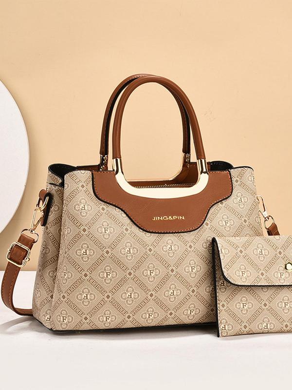 Women's Elegant All Over Print Handbag & Wristlet, Fashionable PU Leather Crossbody Bag & Wristlet, Casual Trendy Versatile High-quality Daily Commuting Bag Set