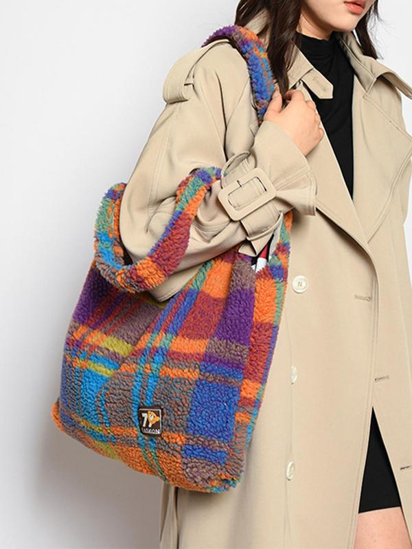 Women's Cute Colorful Plaid Pattern Tote Bag, Casual Large Capacity Shoulder Bag for Commute & School, Trendy Versatile High-quality Daily Commuting Bag