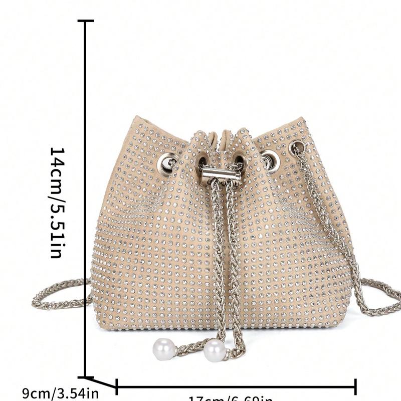 Lightweight,Business Casual Rhinestone Decor Bucket Bag Mini Drawstring Design, Clear Bag Trendy Pearl Bag Evening Bag,Dinner Bag Glamorous,Elegant,Exquisite,Quiet Luxury Rhinestone For Party Girl,Woman,Bride Perfect For Party,Dinner Banquet