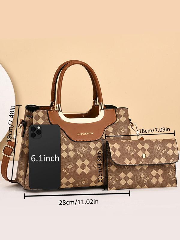 Women's Elegant All Over Print Handbag & Wristlet, Fashionable PU Leather Crossbody Bag & Wristlet, Casual Trendy Versatile High-quality Daily Commuting Bag Set