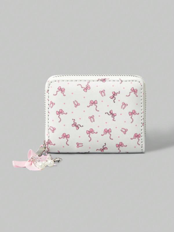 ROMWE Kawaii Women's Short Wallet - Dot & Bow Design - Zipper Coin Purse with Bow Accent