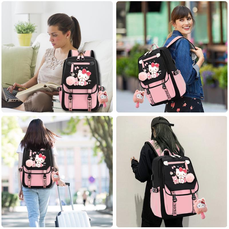 Kawaii Hello Kitty Backpack With cute Plush Pendant, Aesthetic Backpack Cute Kawaii Backpack for Girl School