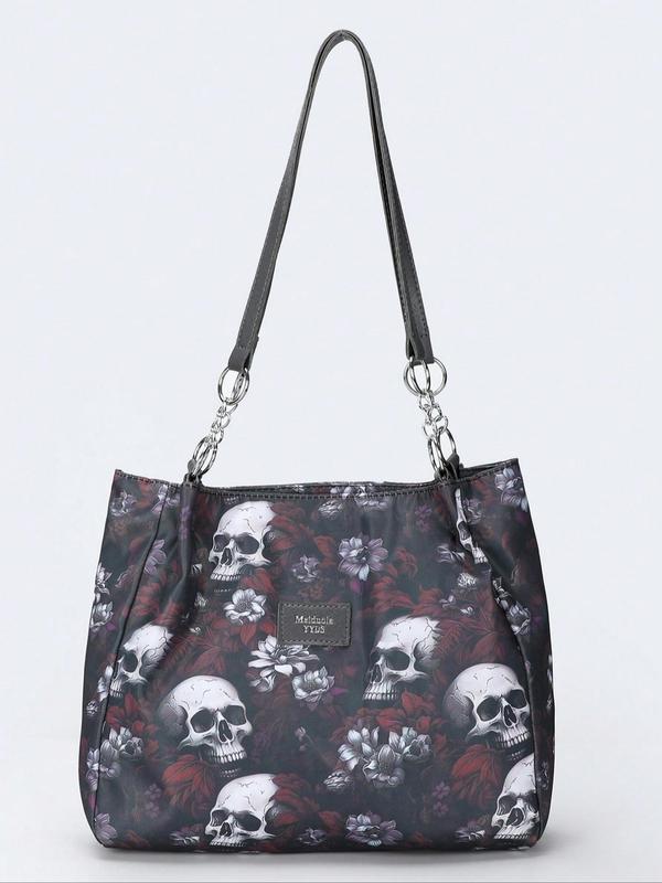 Fashion Skull & Flower Pattern Zipper Shoulder Bag, Casual Large Capacity Tote Bag for Women, Trendy All-match Bag for Daily Use,  Work Bags