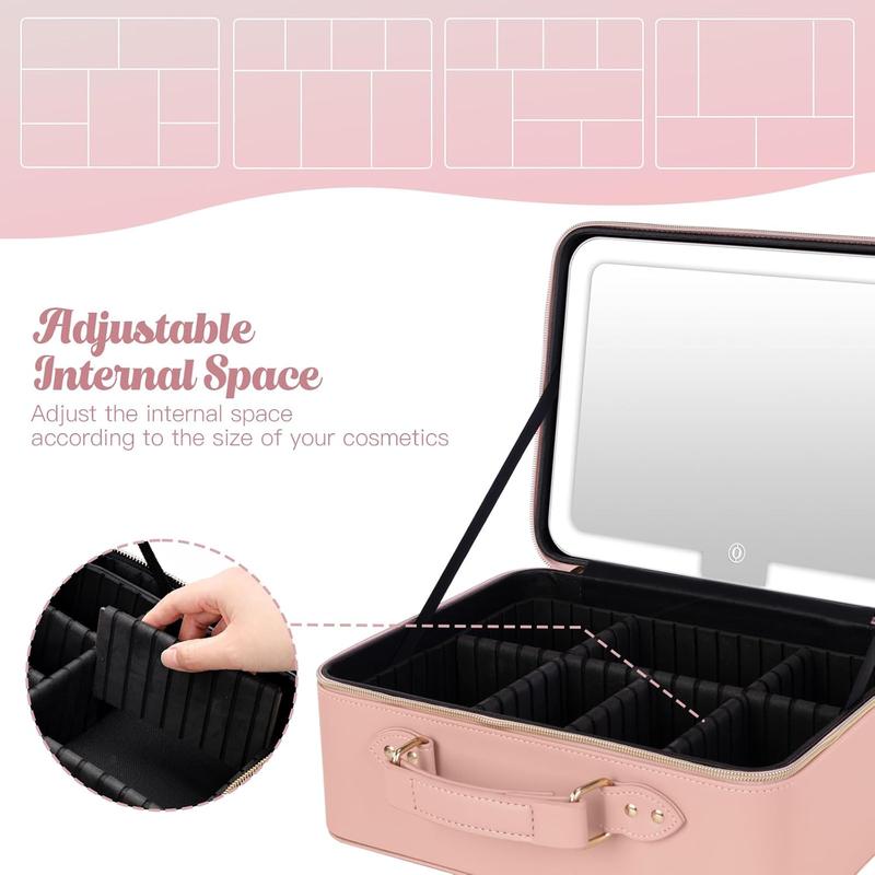 12 INCH Makeup Bag with Mirror and Lights, Detachable Lighted Makeup Case, Travel Makeup Train Case with Adjustable Dividers and 10x Magnifying Mirror | 3 Adjustable Brightness