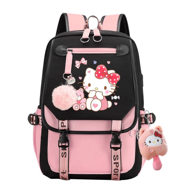 Kawaii Hello Kitty Backpack With cute Plush Pendant, Aesthetic Backpack Cute Kawaii Backpack for Girl School