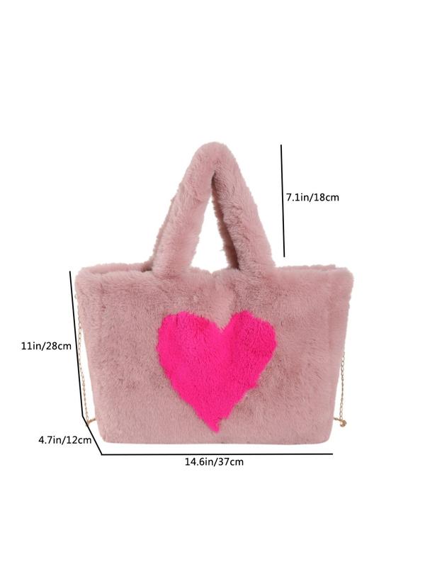 Women's Fashionable Heart Shaped Faux Fur Handbag, Casual Versatile Shoulder Bag with Chain Strap, Trendy All-match Crossbody Bag for Daily Use