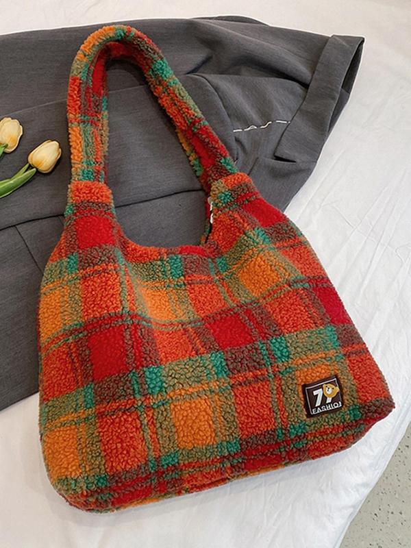 Women's Cute Colorful Plaid Pattern Tote Bag, Casual Large Capacity Shoulder Bag for Commute & School, Trendy Versatile High-quality Daily Commuting Bag