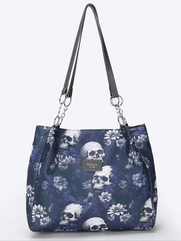 Fashion Skull & Flower Pattern Zipper Shoulder Bag, Casual Large Capacity Tote Bag for Women, Trendy All-match Bag for Daily Use,  Work Bags