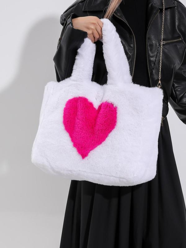 Women's Fashionable Heart Shaped Faux Fur Handbag, Casual Versatile Shoulder Bag with Chain Strap, Trendy All-match Crossbody Bag for Daily Use