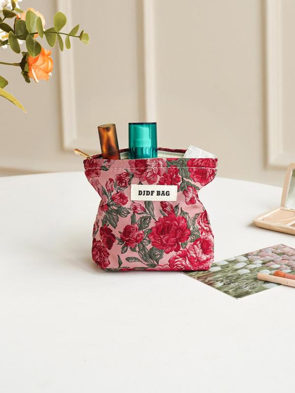 Floral Pattern Letter Patched Design Makeup Bag, Portable Cosmetic Storage Bag, Zipper Makeup Organizer Pouch, Versatile Storage Bag for Travel & Daily Use