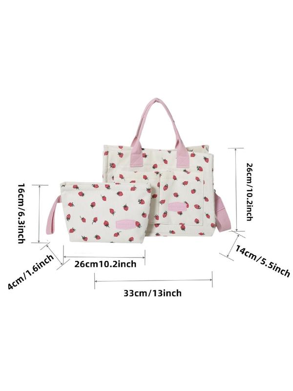 Women's Strawberry Pattern Tote Bag & Purse, Casual Versatile Shoulder Bag & Coin Purse, Trendy High-quality Daily Commuting Bag, Girl Fashionable Bag