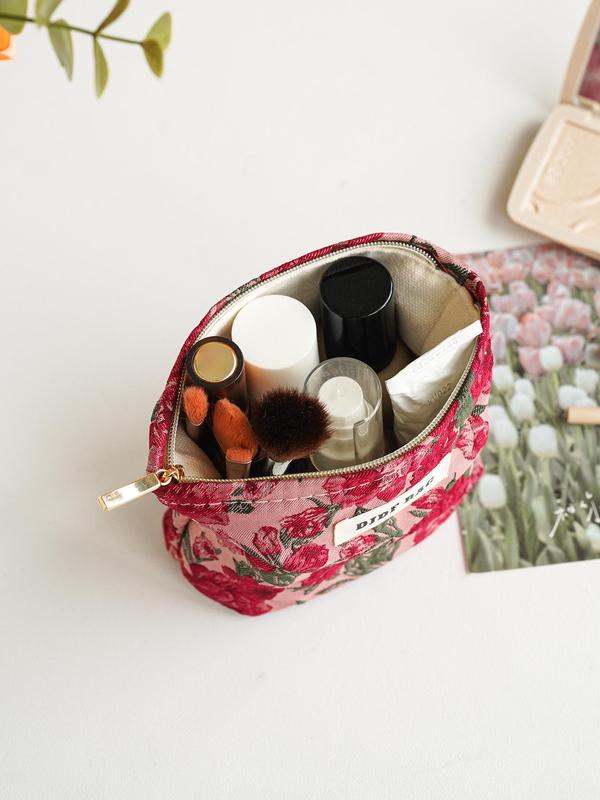 Floral Pattern Letter Patched Design Makeup Bag, Portable Cosmetic Storage Bag, Zipper Makeup Organizer Pouch, Versatile Storage Bag for Travel & Daily Use