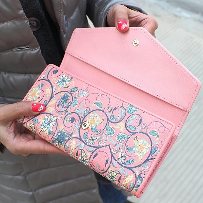 Tri-Fold Long Wallet for Women - Spacious PU Leather Credit Card Holder with Snap Closure, Polyester Lining, and Phone Pocket - Fashionable Floral Print Design