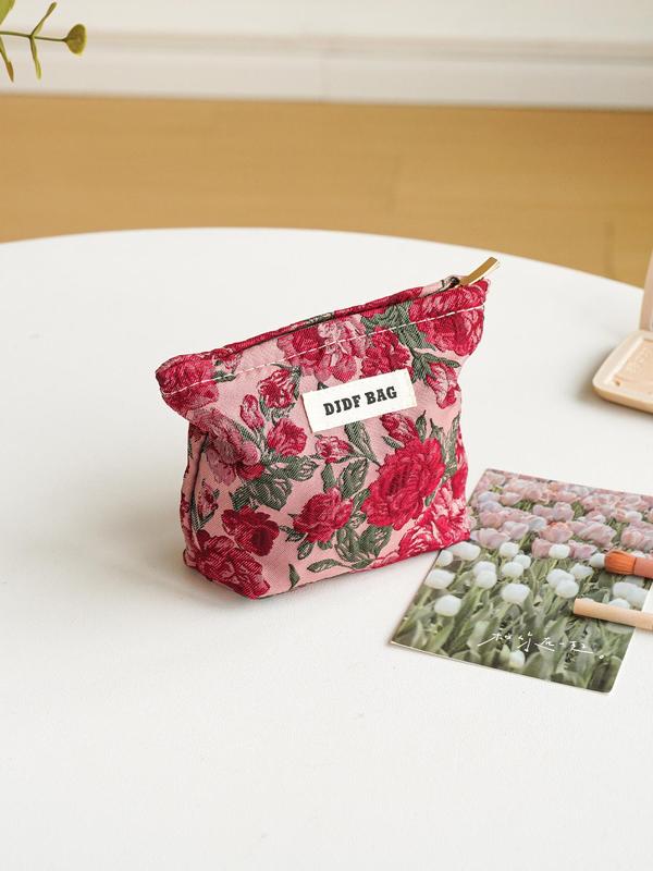 Floral Pattern Letter Patched Design Makeup Bag, Portable Cosmetic Storage Bag, Zipper Makeup Organizer Pouch, Versatile Storage Bag for Travel & Daily Use