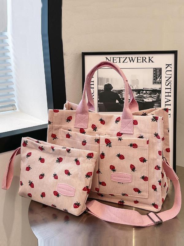 Women's Strawberry Pattern Tote Bag & Purse, Casual Versatile Shoulder Bag & Coin Purse, Trendy High-quality Daily Commuting Bag, Girl Fashionable Bag