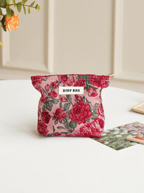 Floral Pattern Letter Patched Design Makeup Bag, Portable Cosmetic Storage Bag, Zipper Makeup Organizer Pouch, Versatile Storage Bag for Travel & Daily Use