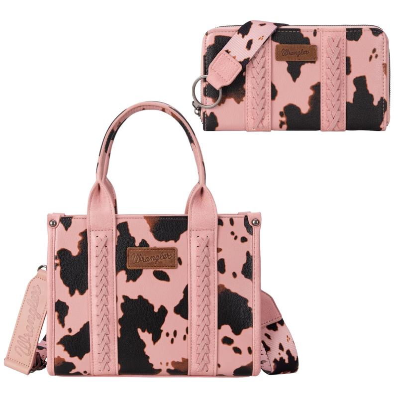 Live Exclusive Wrangler Cow Print Concealed Carry Tote Crossbody Bag and Matching Cow Print Wristlet Wallet SET