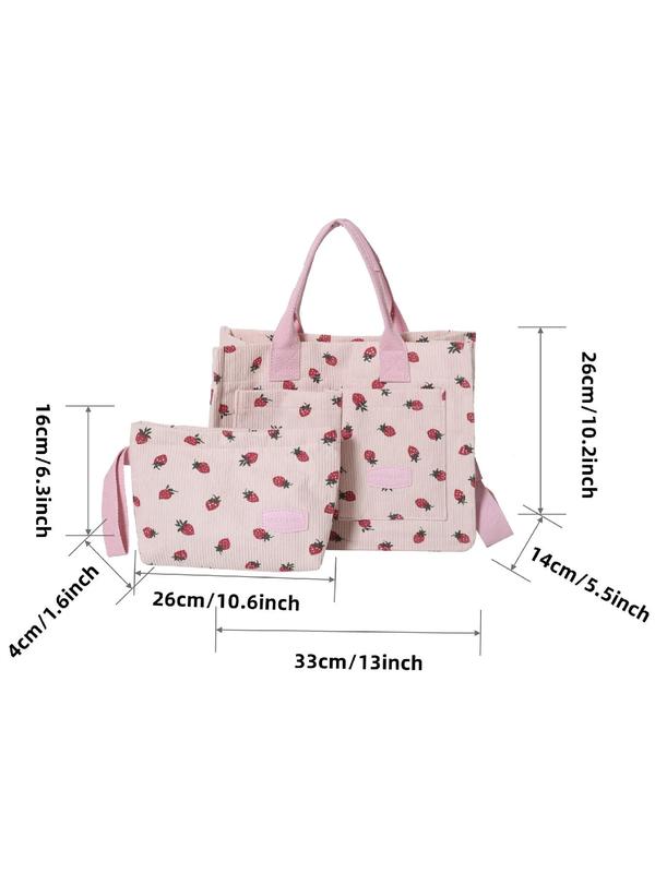 Women's Strawberry Pattern Tote Bag & Purse, Casual Versatile Shoulder Bag & Coin Purse, Trendy High-quality Daily Commuting Bag, Girl Fashionable Bag