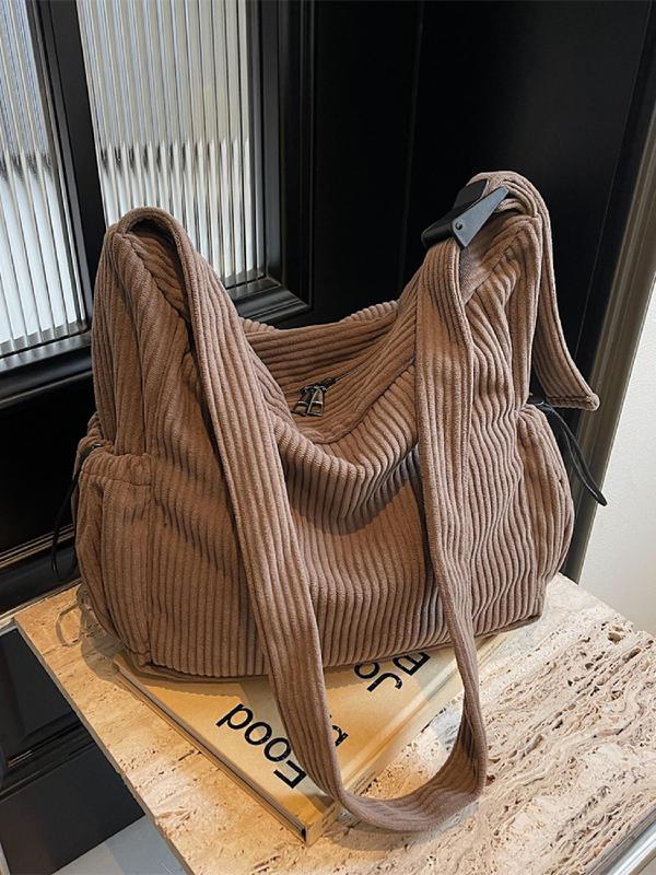 Women's Solid Color Corduroy Tote Bag, Fashionable Large Capacity Shoulder Bag for Work & Daily Used, Casual Trendy Versatile High-quality Daily Commuting Bag