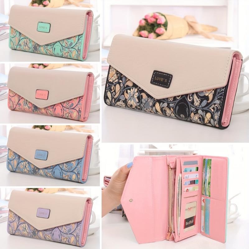 Tri-Fold Long Wallet for Women - Spacious PU Leather Credit Card Holder with Snap Closure, Polyester Lining, and Phone Pocket - Fashionable Floral Print Design