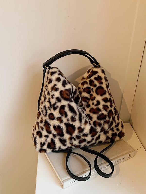 Fashion Leopard Pattern Plush Crossbody Bag, Casual Soft Shoulder Bag for Women, Trendy Versatile High-quality Daily Commuting Bag, Girl Fashionable Shopping Bag