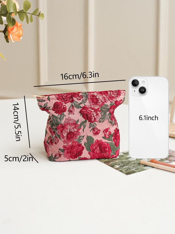 Floral Pattern Letter Patched Design Makeup Bag, Portable Cosmetic Storage Bag, Zipper Makeup Organizer Pouch, Versatile Storage Bag for Travel & Daily Use