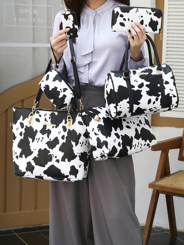 Women's Fashionable Cow Print Tote Bag & Crossbody Bag & Pouch & Wristlet & Wallet, Casual Trendy Versatile High-quality Daily Commuting Bag Set