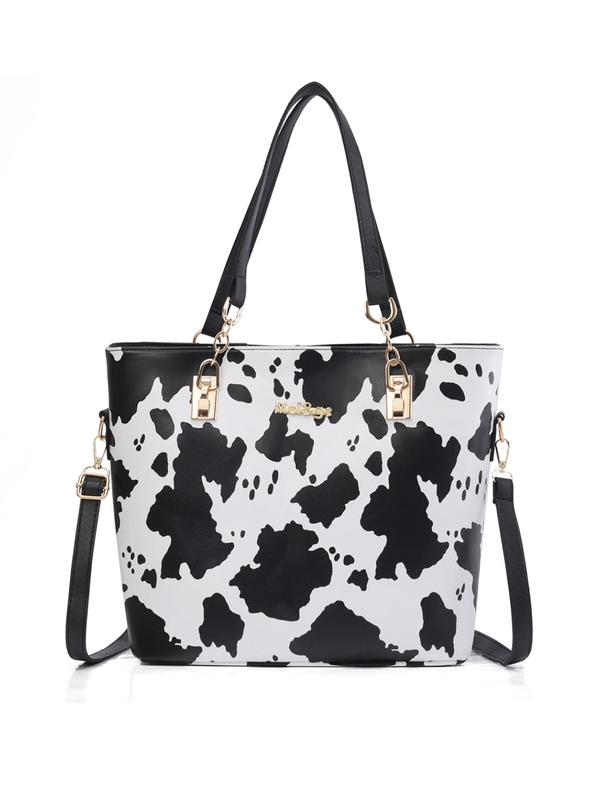 Women's Fashionable Cow Print Tote Bag & Crossbody Bag & Pouch & Wristlet & Wallet, Casual Trendy Versatile High-quality Daily Commuting Bag Set