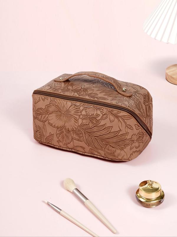 2024 Summer Solid Color Floral Embossed Makeup Bag, Large Capacity Multi-functional Retro Style Cosmetic Bag, Women's Handbag