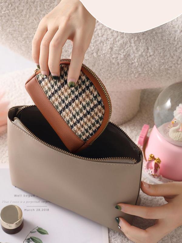 Women's Houndstooth Pattern Zipper Short Wallet, Fashionable PU Leather Double Zipper Coin Holder, Casual Versatile Wallet for Daily Use