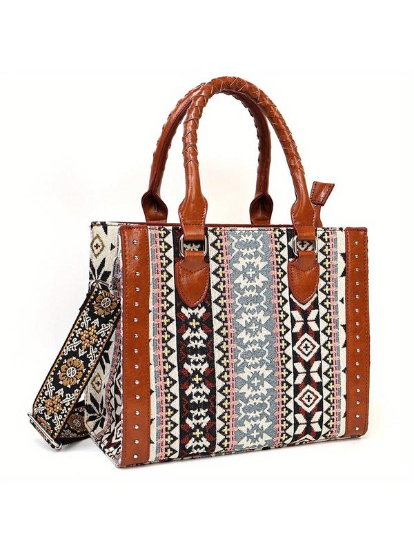 Boho Style Ethnic Pattern Tote Bag, Large Capacity Shoulder Bag with Detachable Strap, Fashionable Crossbody Bag for Women