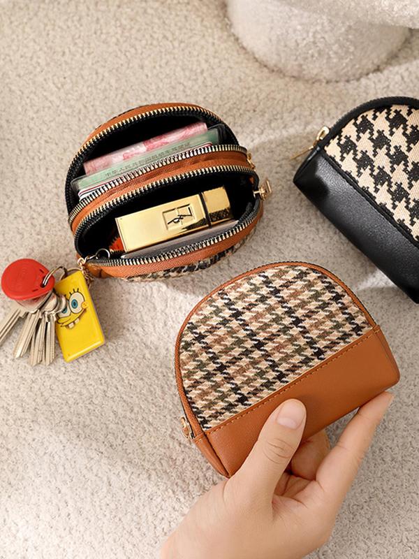 Women's Houndstooth Pattern Zipper Short Wallet, Fashionable PU Leather Double Zipper Coin Holder, Casual Versatile Wallet for Daily Use