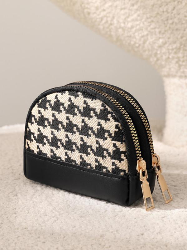 Women's Houndstooth Pattern Zipper Short Wallet, Fashionable PU Leather Double Zipper Coin Holder, Casual Versatile Wallet for Daily Use