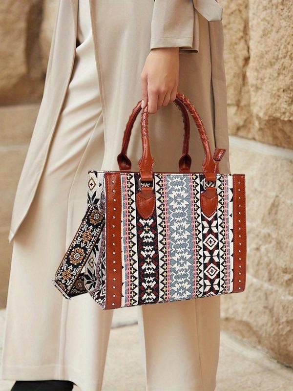 Boho Style Ethnic Pattern Tote Bag, Large Capacity Shoulder Bag with Detachable Strap, Fashionable Crossbody Bag for Women