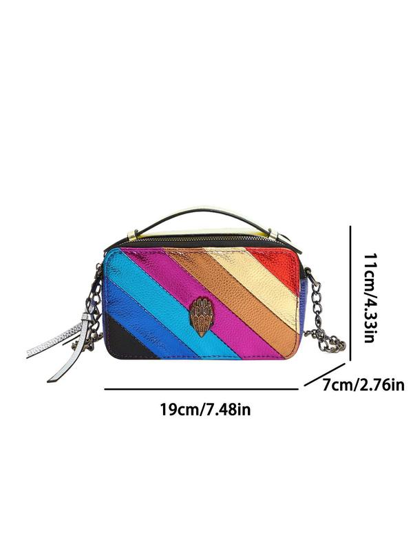 Fashionable Rainbow Striped Decorated Rhinestone Eagle Design Crossbody Bag, Casual PU Leather Zipper Shoulder Bag for Women, Trendy All-match Commuter Bag for Daily Used