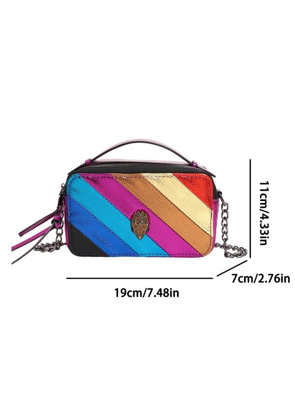 Fashionable Rainbow Striped Decorated Rhinestone Eagle Design Crossbody Bag, Casual PU Leather Zipper Shoulder Bag for Women, Trendy All-match Commuter Bag for Daily Used