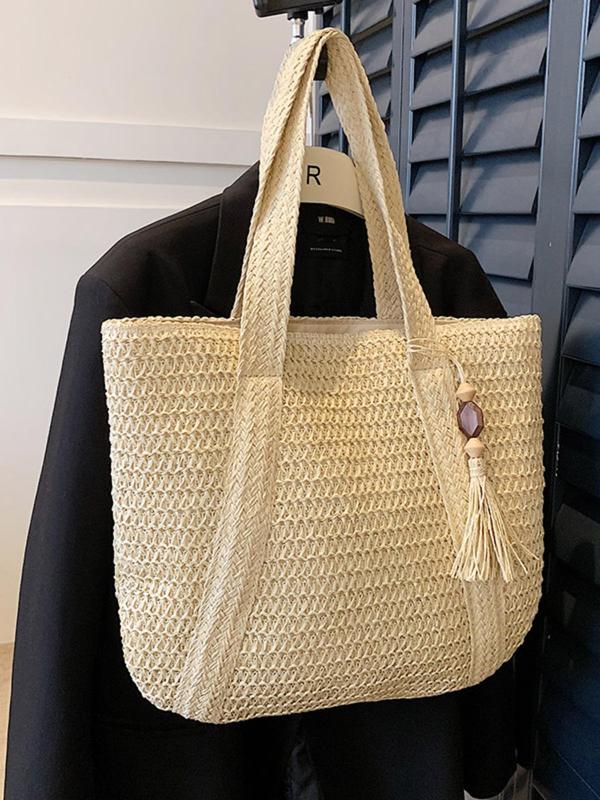 Women's Minimalist Casual Plain Color Straw Tote Bag, Large Capacity Casual Fashion Outdoor Beach Bag with Bag Charm Decor, Casual Trendy Versatile High-quality Daily Commuting Bag