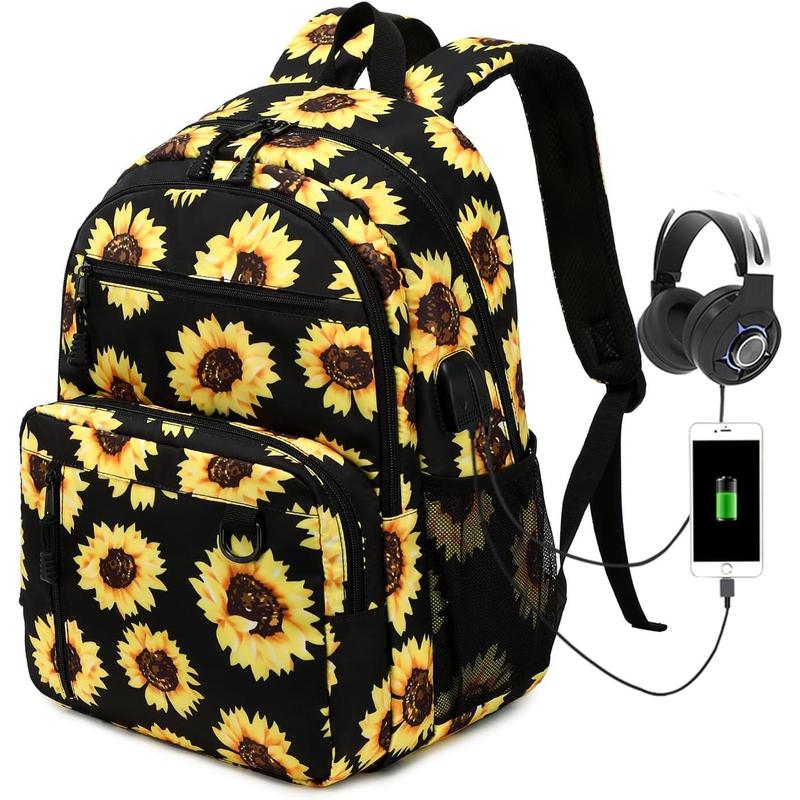 Sunborls Classic School Unisex Backpacks,Go Back to School Waterproof Travel Casual Bookbags,Multiple Compartment Large Capacity Backpacks with Charging and Headset Port,Sunflower