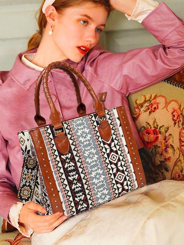 Boho Style Ethnic Pattern Tote Bag, Large Capacity Shoulder Bag with Detachable Strap, Fashionable Crossbody Bag for Women