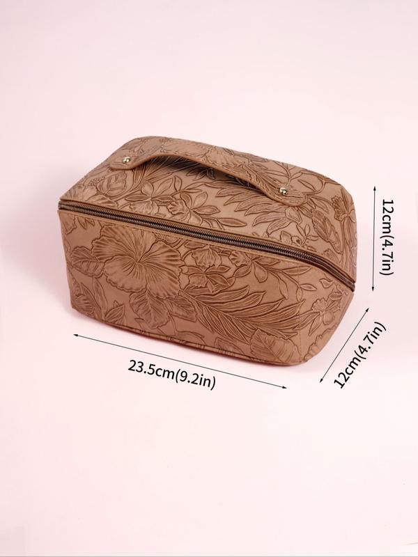 2024 Summer Solid Color Floral Embossed Makeup Bag, Large Capacity Multi-functional Retro Style Cosmetic Bag, Women's Handbag