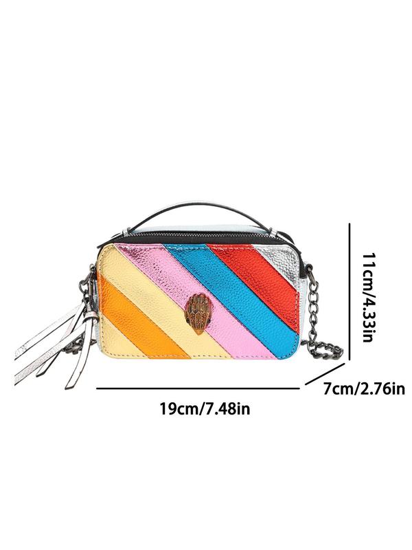 Fashionable Rainbow Striped Decorated Rhinestone Eagle Design Crossbody Bag, Casual PU Leather Zipper Shoulder Bag for Women, Trendy All-match Commuter Bag for Daily Used