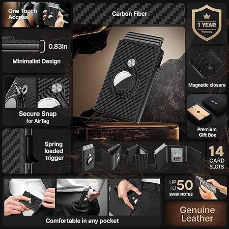 Smart wallet card holder for mens: leather, slim, carbon fiber, minimalist-9-14 card capacity, gift for friend, family member | ID