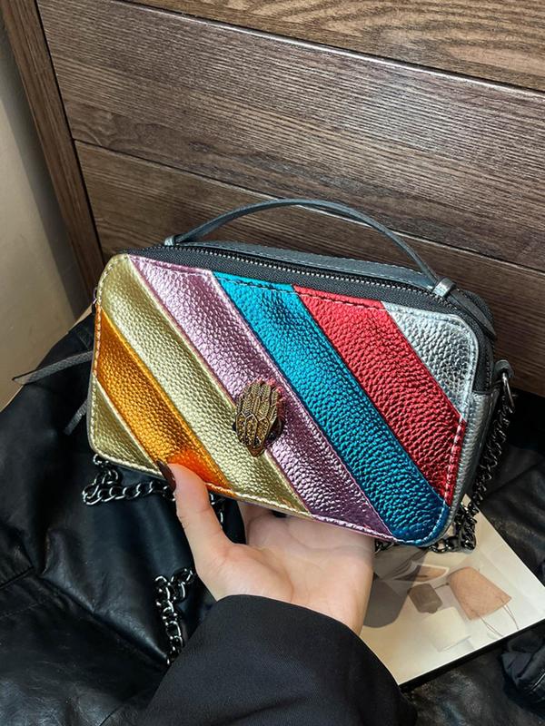 Fashionable Rainbow Striped Decorated Rhinestone Eagle Design Crossbody Bag, Casual PU Leather Zipper Shoulder Bag for Women, Trendy All-match Commuter Bag for Daily Used