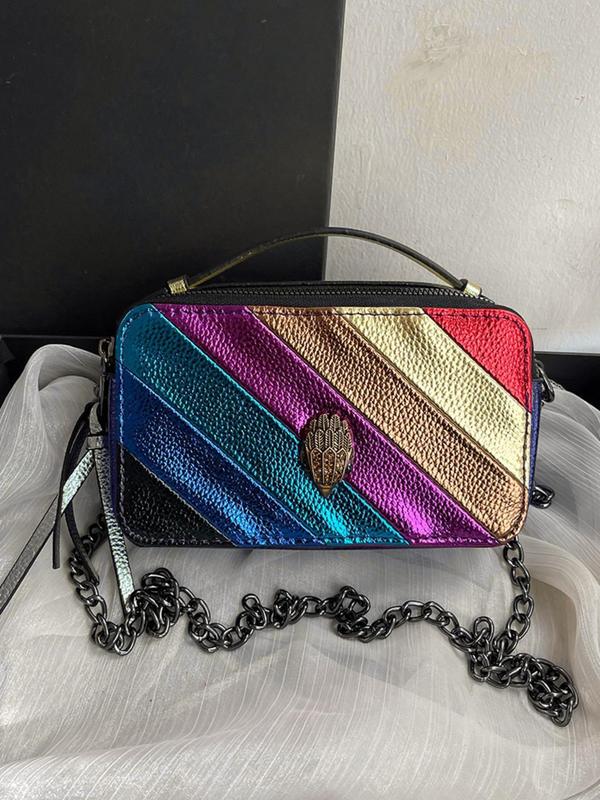 Fashionable Rainbow Striped Decorated Rhinestone Eagle Design Crossbody Bag, Casual PU Leather Zipper Shoulder Bag for Women, Trendy All-match Commuter Bag for Daily Used